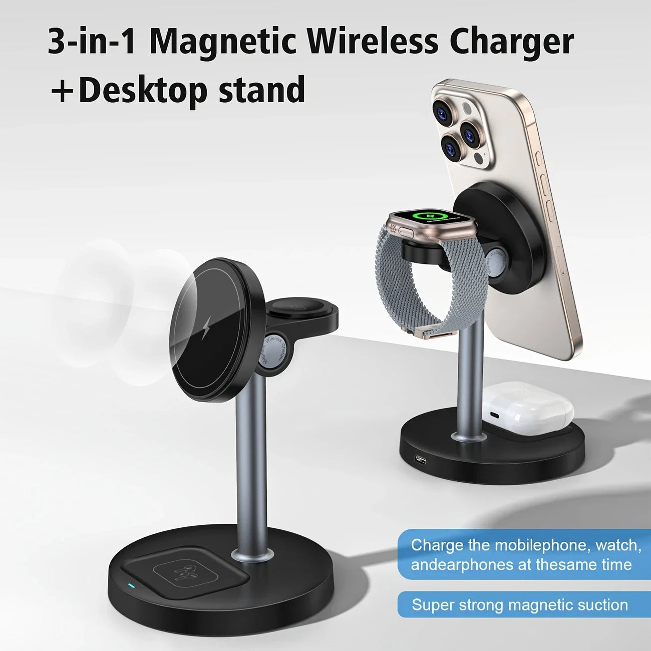 3-in-1 Magnetic Wireless Charger Stand – Adjustable, 15W, iPhone, Apple Watch & AirPods