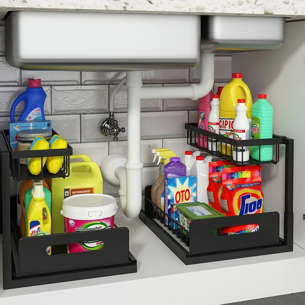 Pull-Out Under-Sink Organizer – 2-Tier Slide-Out Metal Shelf for Cabinet Storage