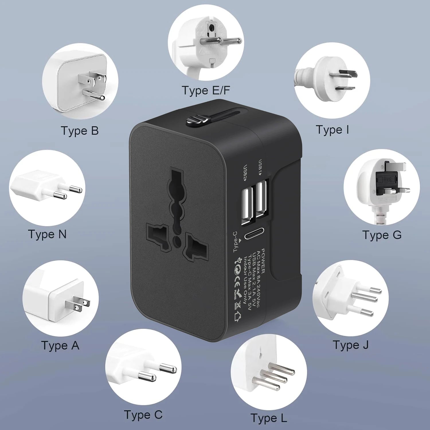 Universal Travel Adapter – Dual USB or USB-C, 150+ Countries, EU/UK/US/AU Plug