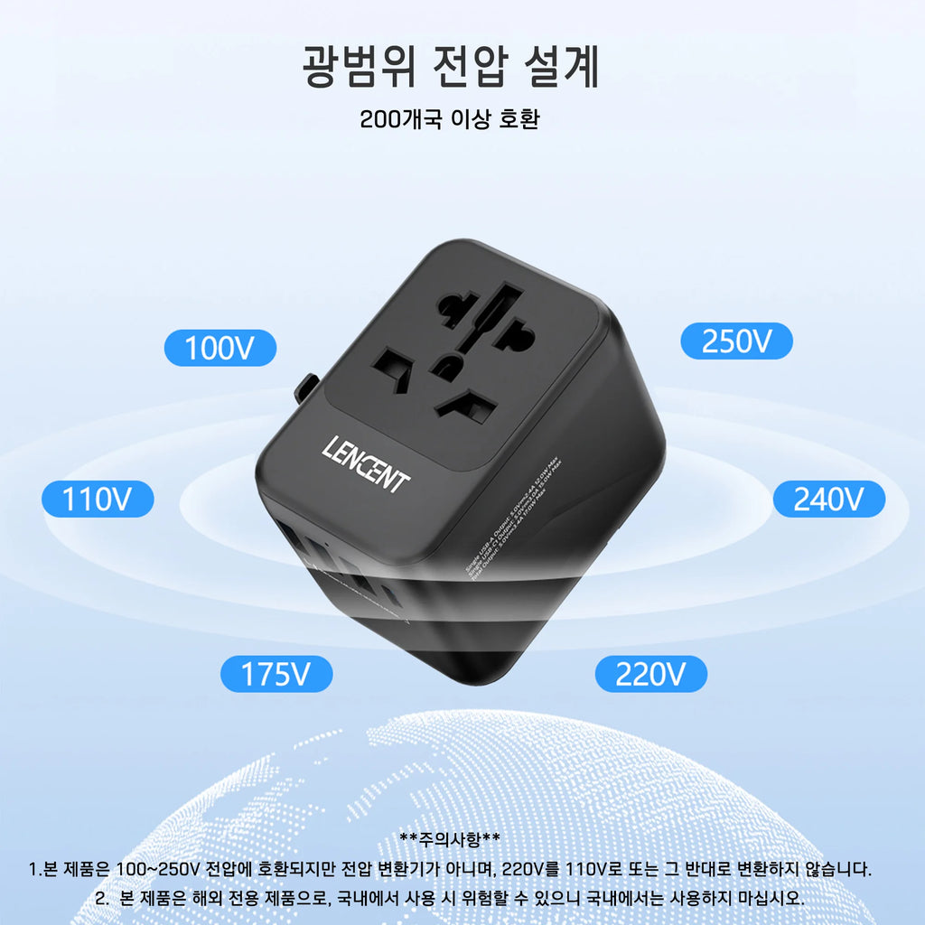 LENCENT Universal Travel Adapter – 3 USB + USB-C PD, All-in-One EU/UK/USA/AUS Plug