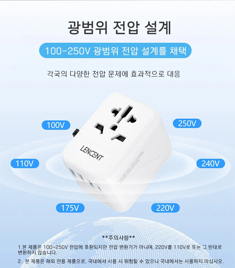 LENCENT Universal Travel Adapter – 3 USB + USB-C PD, All-in-One EU/UK/USA/AUS Plug