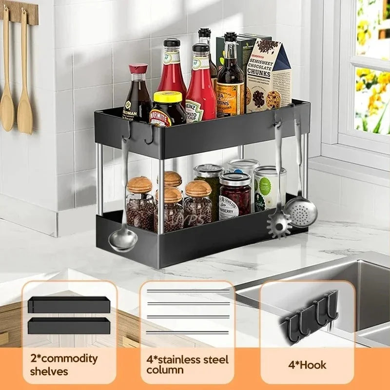 2-Tier Under-Sink Storage Rack with Hooks – Multipurpose Cabinet Organizer for Kitchen & Bathroom