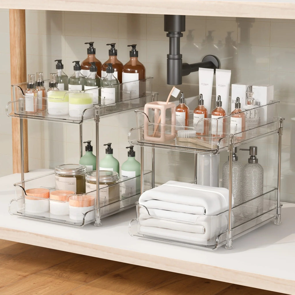2-Tier Under-Sink Organizer – Sliding Acrylic Cabinet Basket for Kitchen & Bathroom