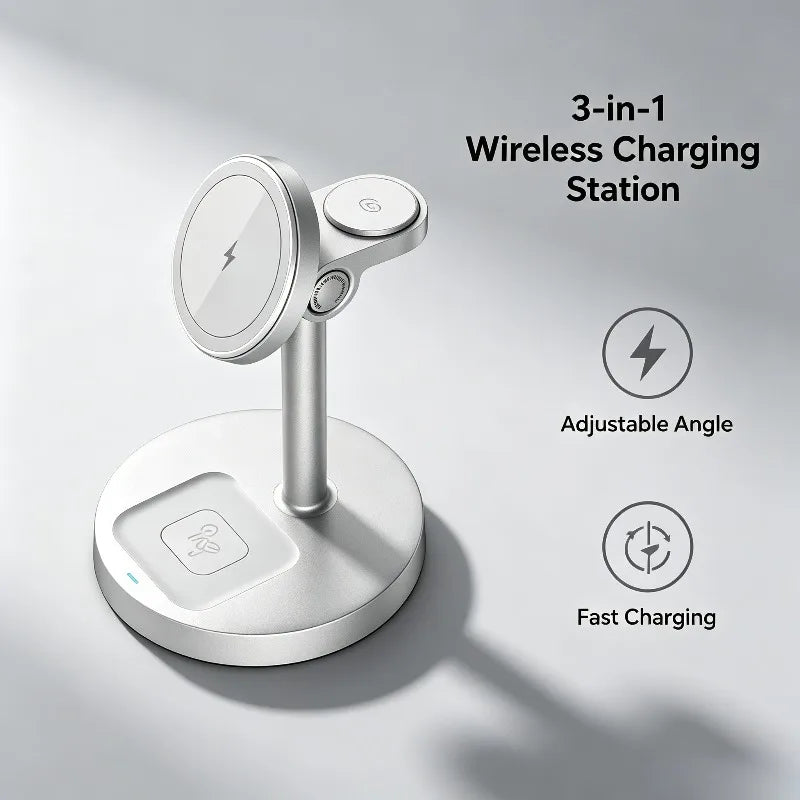 3-in-1 Magnetic Wireless Charging Station – iPhone, Apple Watch & AirPods, 15W Fast Charge
