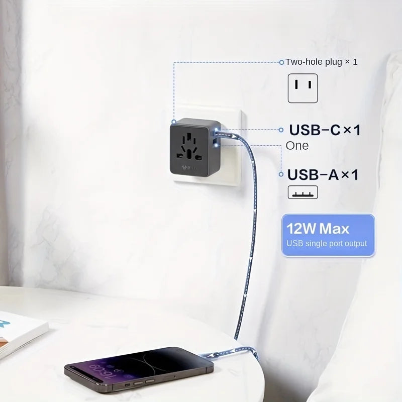 Compact Universal Travel Adapter – 1 USB-A + 1 USB-C, Portable Plug Converter