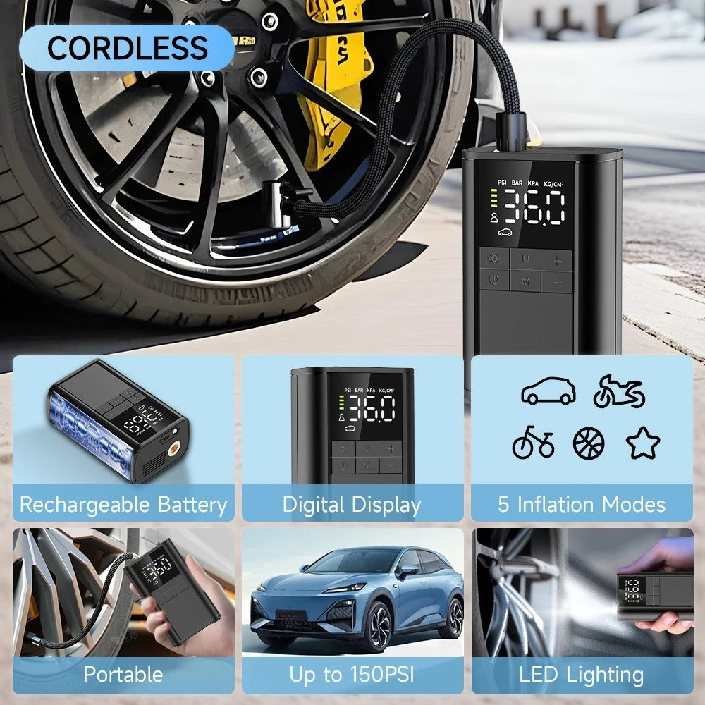 Cordless Tire Inflator – 150 PSI, 5 Smart Modes, Auto-Stop, Digital Gauge & LED Light