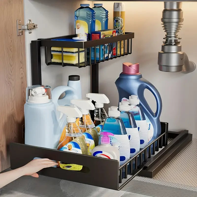 Pull-Out Under-Sink Organizer – 2-Tier Slide-Out Metal Shelf for Cabinet Storage