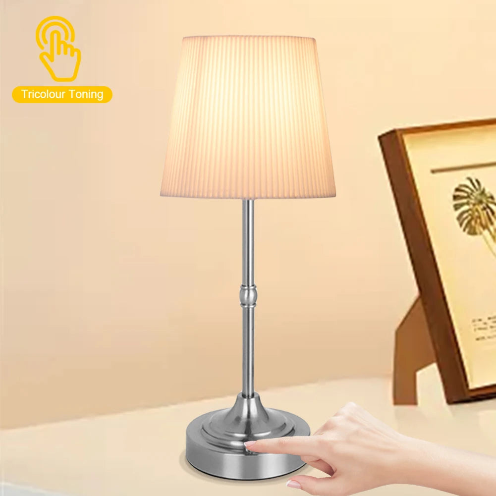 Cordless LED Metal Table Lamp – USB Rechargeable, 2200K Warm Light, Fabric Shade