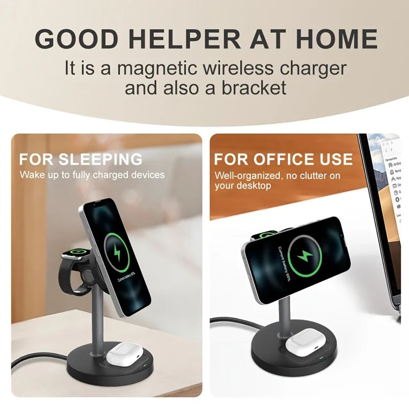 3-in-1 Magnetic Wireless Charger Stand – Adjustable, 15W, iPhone, Apple Watch & AirPods