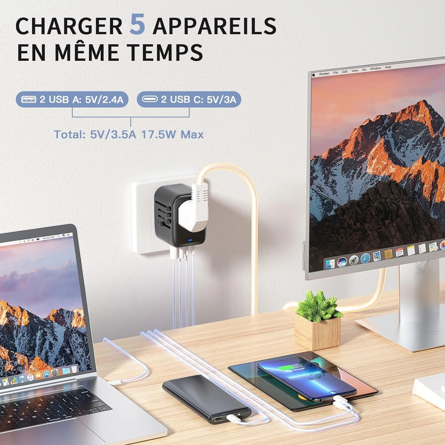 All-in-One Universal Travel Adapter – 2 USB-A + 2 USB-C, 2000W, EU/UK/US/AU Plug