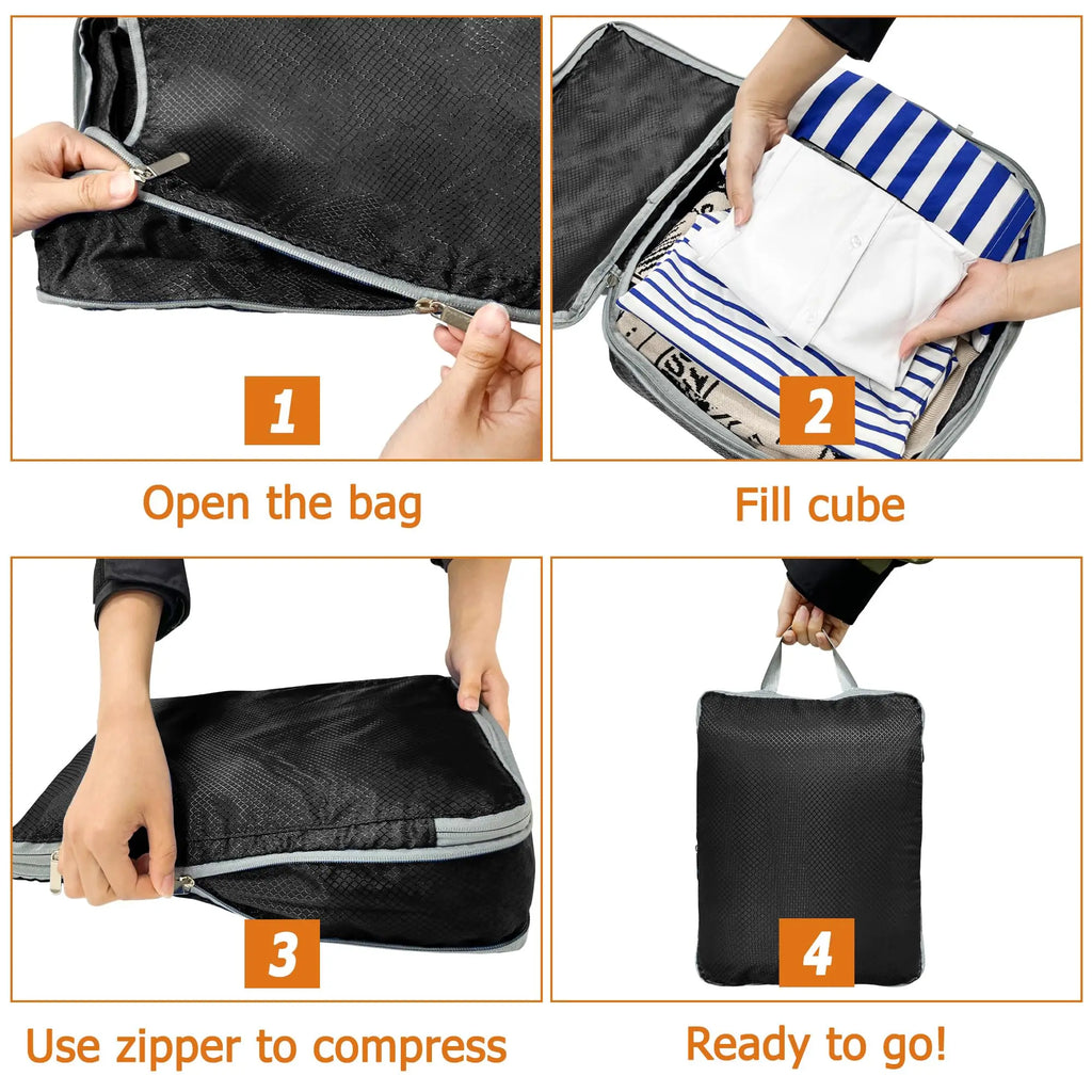 4-Piece Compression Packing Cubes Set – Waterproof Travel Luggage Organizers (S/M/L/XL)