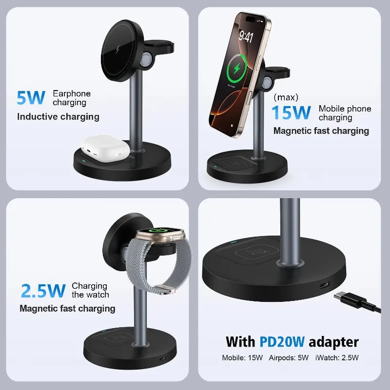 3-in-1 Magnetic Wireless Charging Station – iPhone, Apple Watch & AirPods, 15W Fast Charge