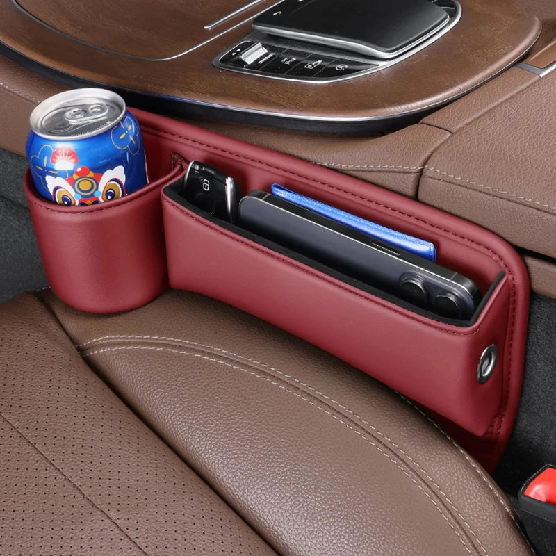 PU Leather Car Console Crevice Storage Box – Seat Gap Organizer with Cup Holder