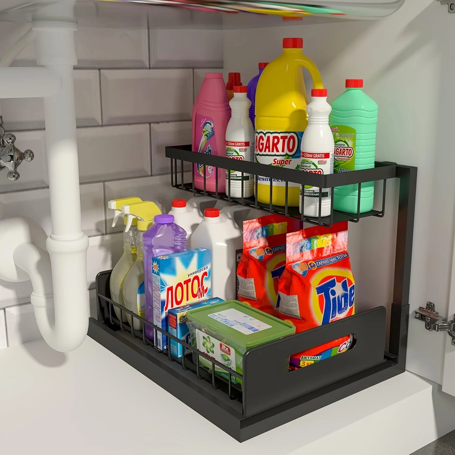 Pull-Out Under-Sink Organizer – 2-Tier Slide-Out Metal Shelf for Cabinet Storage