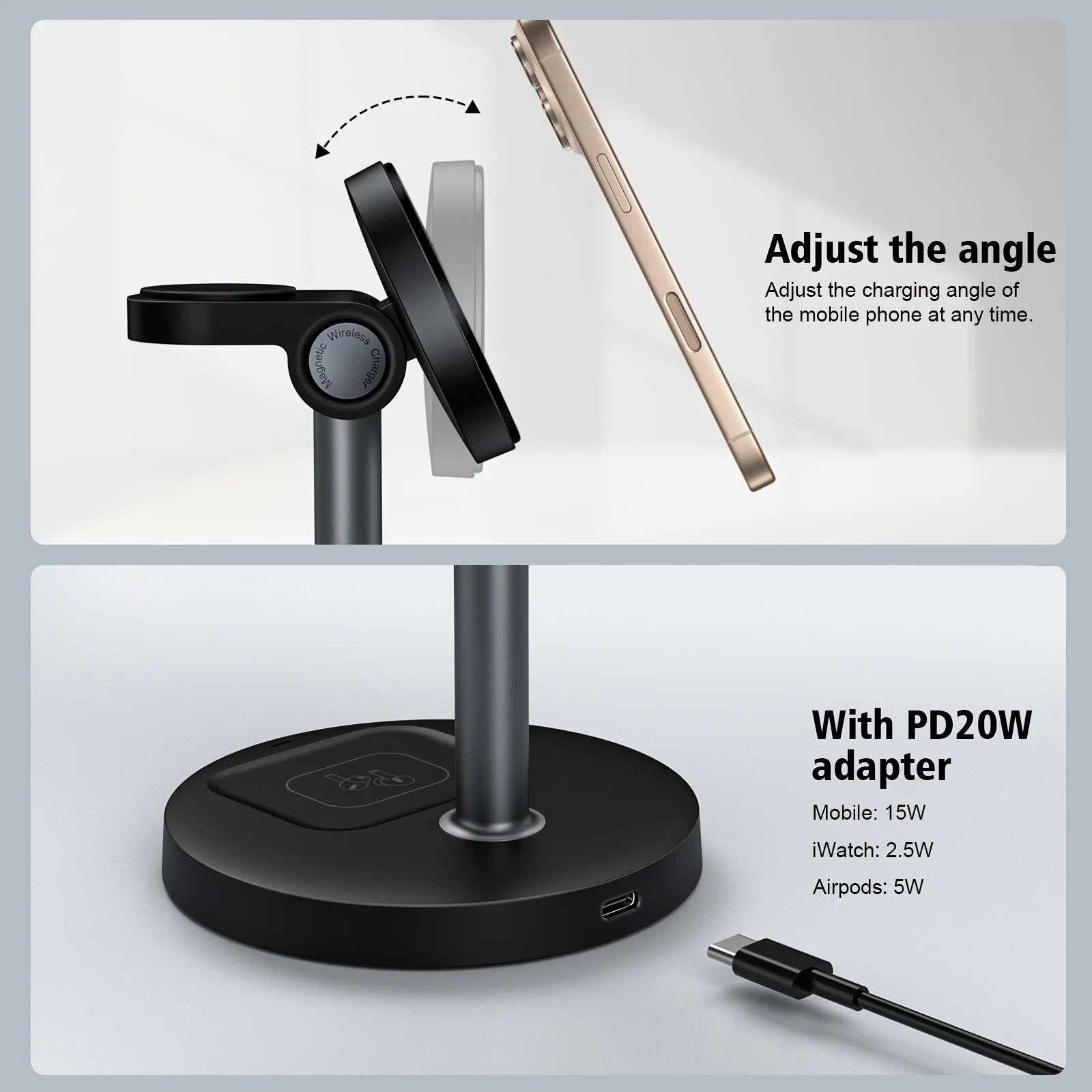 3-in-1 Magnetic Wireless Charger Stand – Adjustable, 15W, iPhone, Apple Watch & AirPods