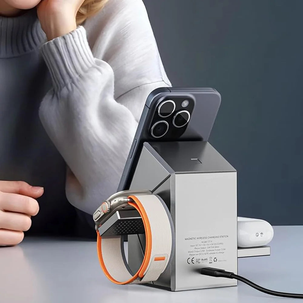 Portable 3-in-1 Wireless Charging Station – 30W Fast Charge, iPhone, Watch & AirPods