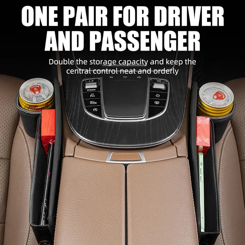 PU Leather Car Console Crevice Storage Box – Seat Gap Organizer with Cup Holder