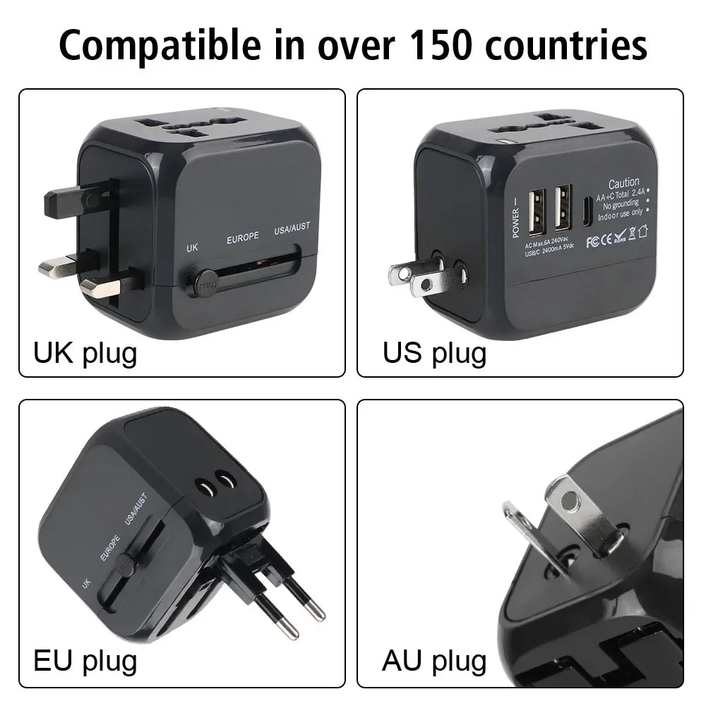 Universal Travel Adapter – 2 USB-A + PD20W USB-C Fast Charge, EU/UK/US/AU Plug