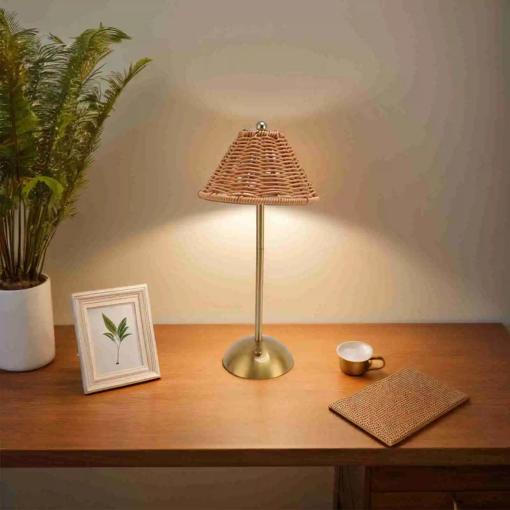 Cordless Boho Rattan Table Lamp – Dimmable LED, USB-C Rechargeable, Home & Restaurant