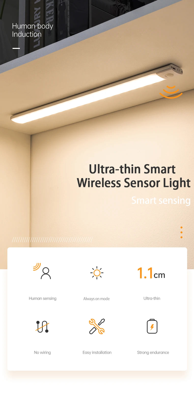 Wireless LED Cabinet Light – Motion Sensor, USB Rechargeable, 3-Color