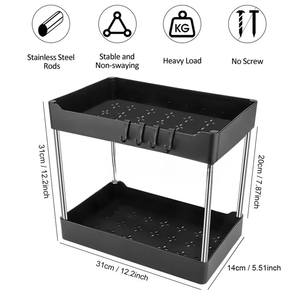 2-Tier Under-Sink Storage Rack with Hooks – Multipurpose Cabinet Organizer for Kitchen & Bathroom