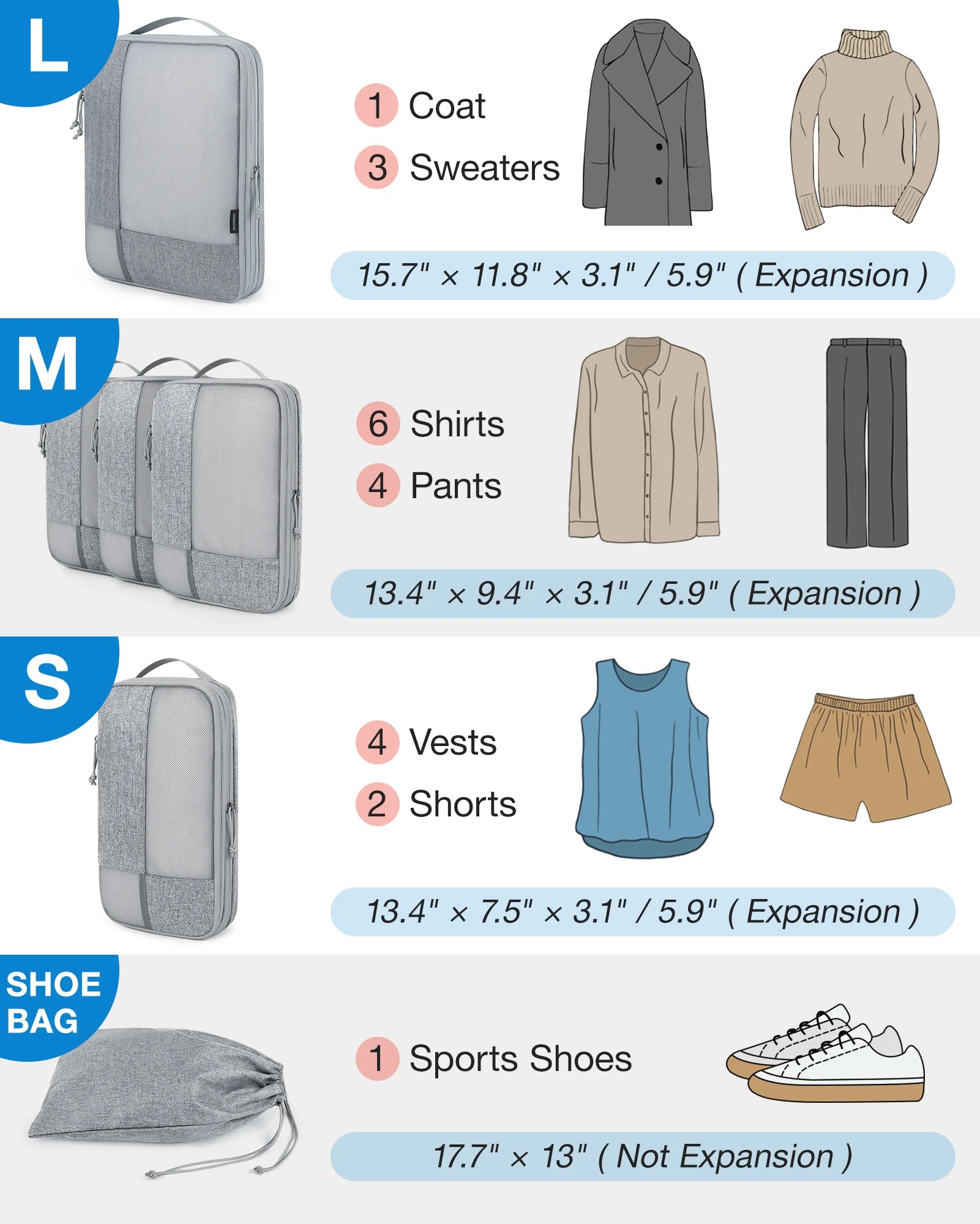 BAGSMART 6-Piece Compression Packing Cubes Set – Expandable Travel Luggage Organizer with Shoe Bag