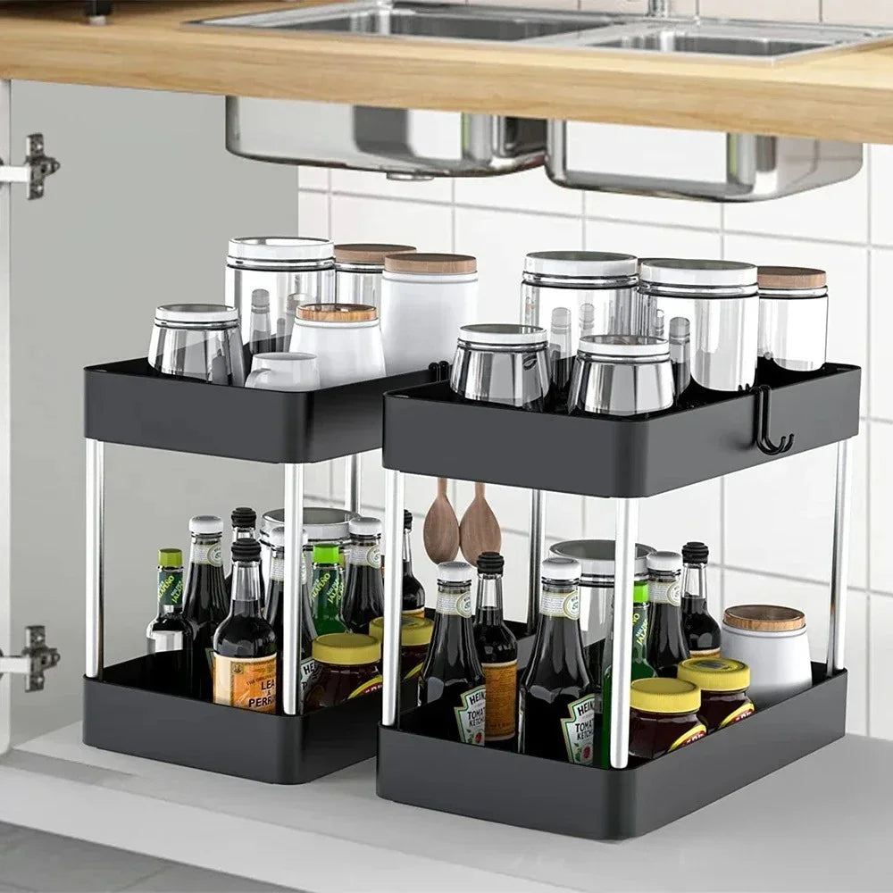 2-Tier Under-Sink Storage Rack with Hooks – Multipurpose Cabinet Organizer for Kitchen & Bathroom