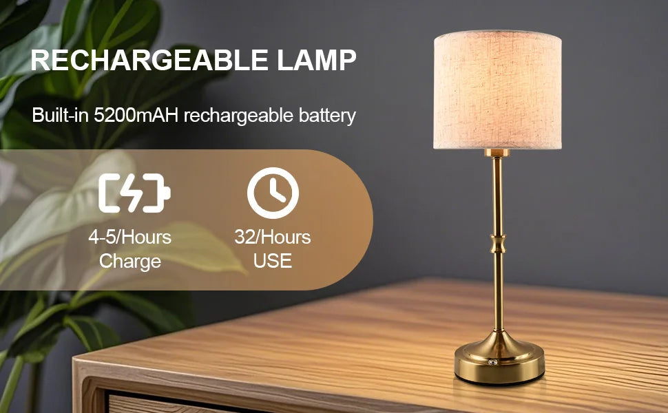 Cordless Rechargeable Table Lamp – 3-Level Dimmable, Fabric Shade, Touch Switch