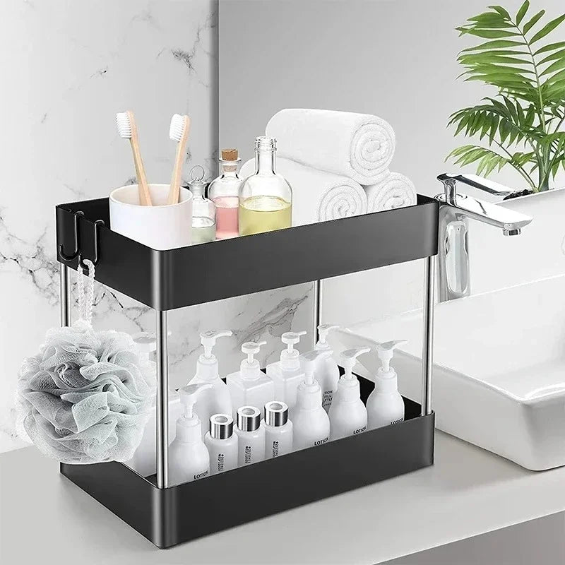 2-Tier Under-Sink Storage Rack with Hooks – Multipurpose Cabinet Organizer for Kitchen & Bathroom
