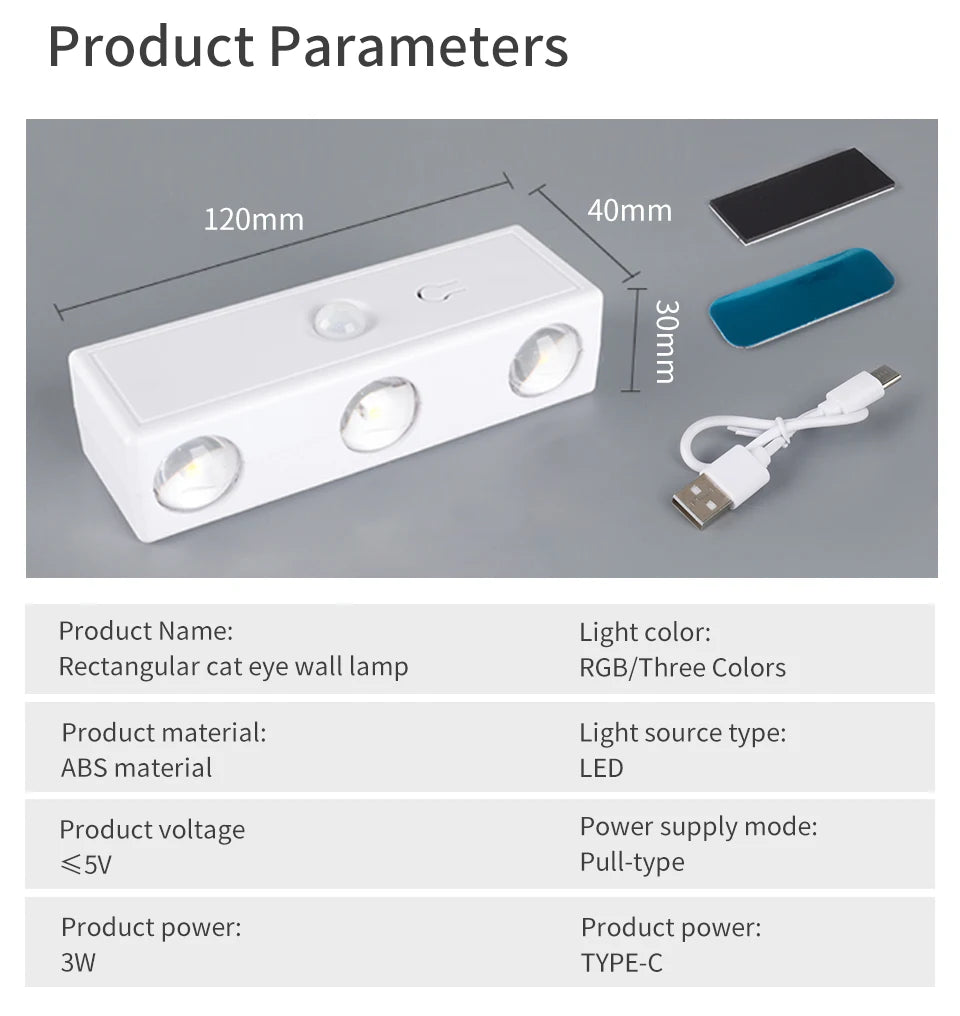 Magnetic Motion Sensor Night Light – RGB & 3-Color, Rechargeable, USB-C