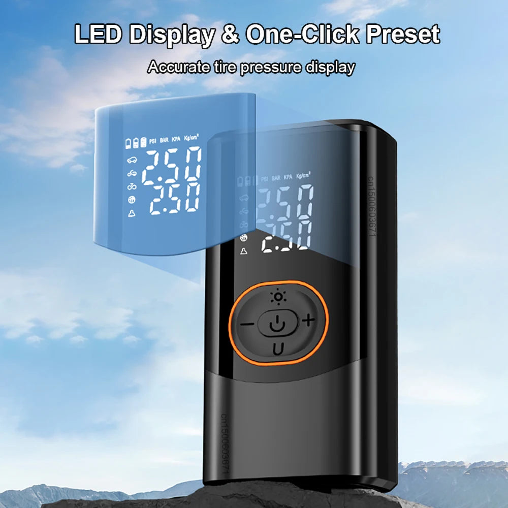 Cordless Tire Inflator – Dual LED Display, 4 Preset Modes, Auto Shut-Off, Fast Inflation