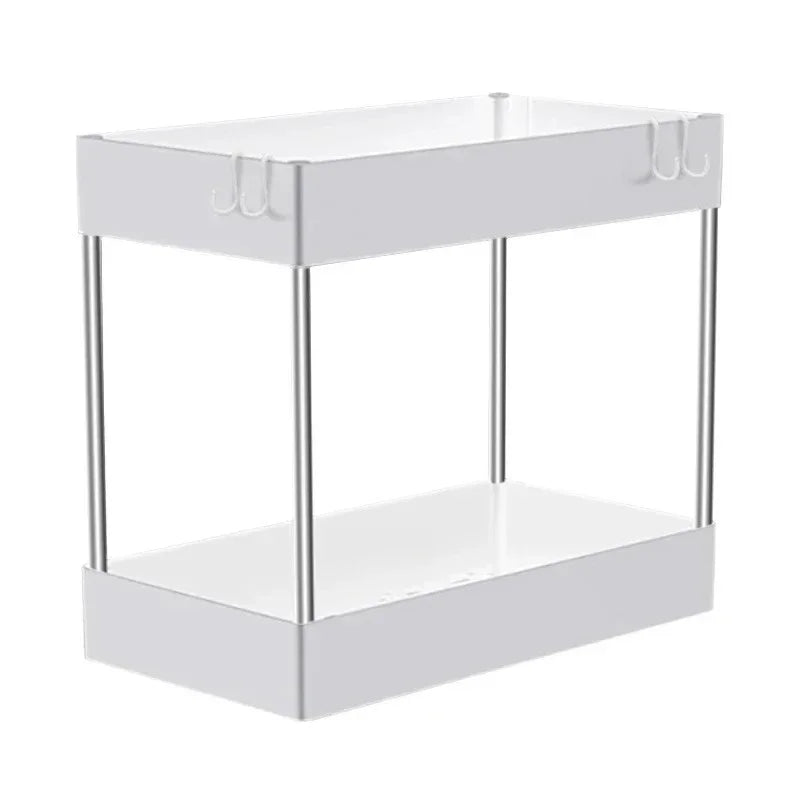 2-Tier Under-Sink Storage Rack with Hooks – Multipurpose Cabinet Organizer for Kitchen & Bathroom