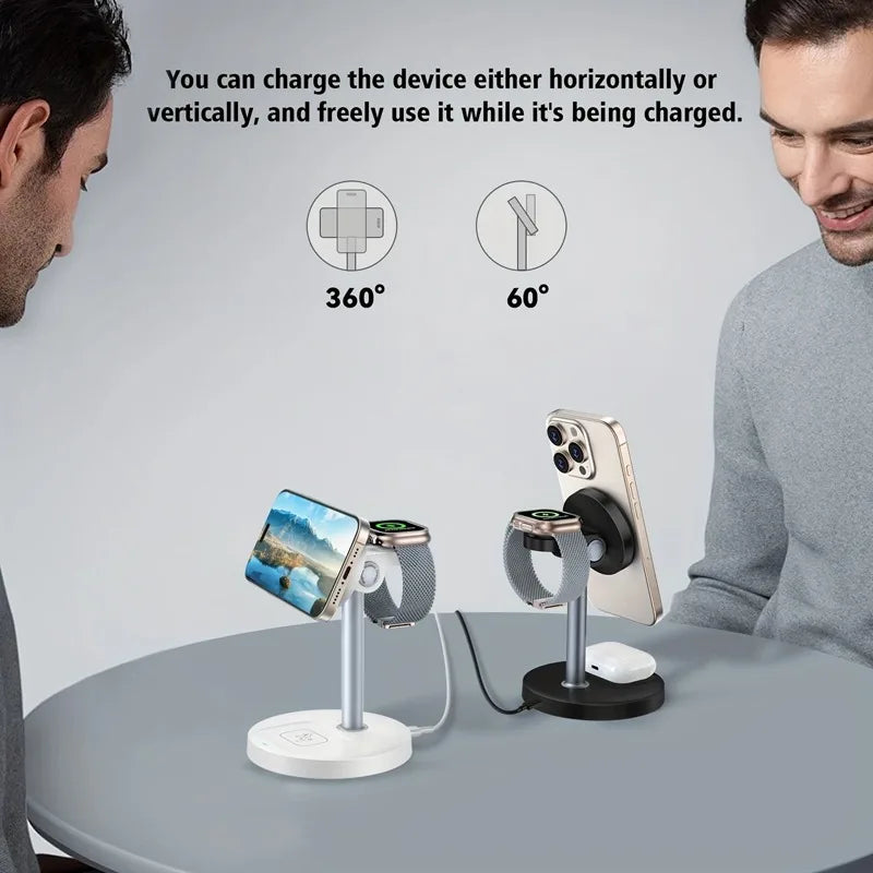3-in-1 Magnetic Wireless Charger Stand – Adjustable, 15W, iPhone, Apple Watch & AirPods