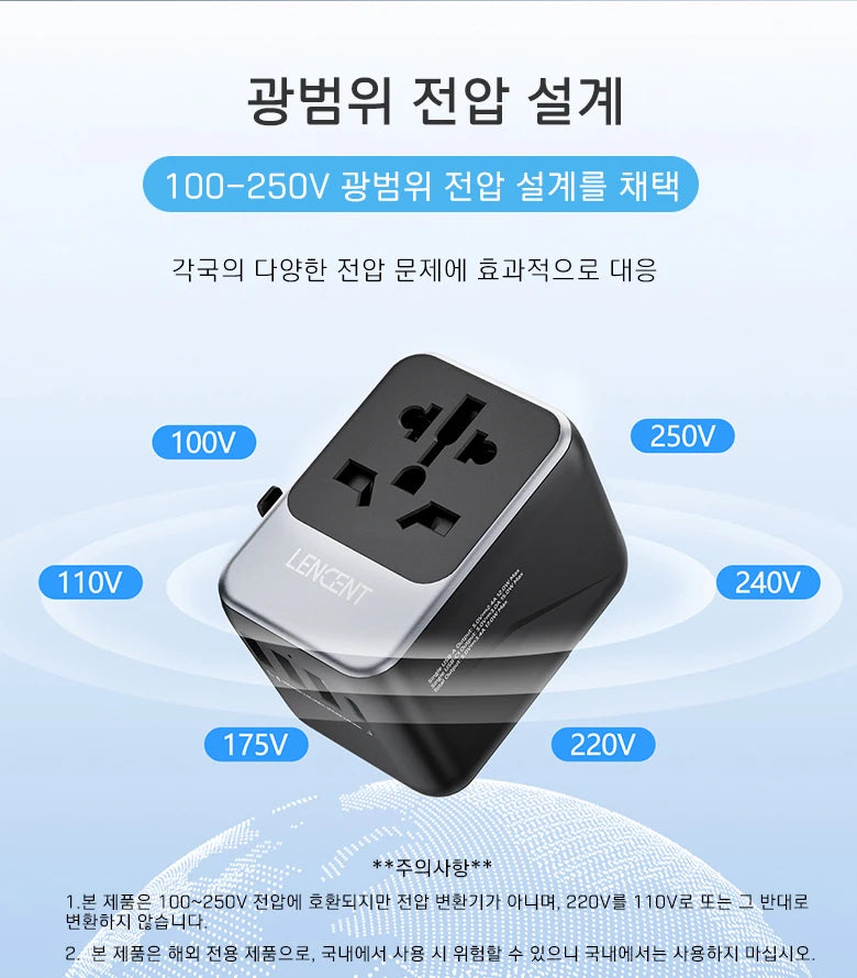 LENCENT Universal Travel Adapter – 3 USB + USB-C PD, All-in-One EU/UK/USA/AUS Plug