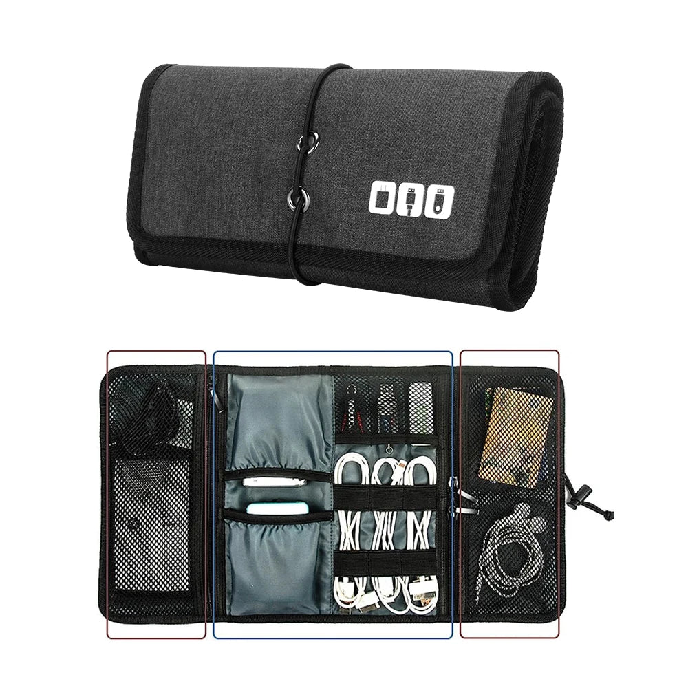 Roll-Up Electronics Organizer Pouch – Travel Cable, Charger & Accessories Carry Case