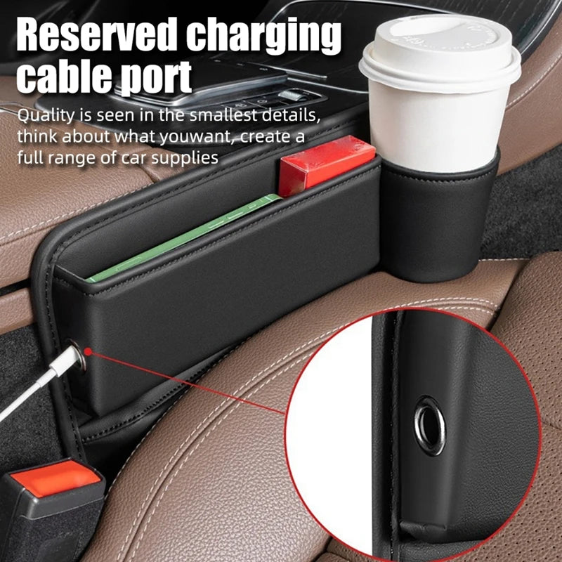 PU Leather Car Console Crevice Storage Box – Seat Gap Organizer with Cup Holder