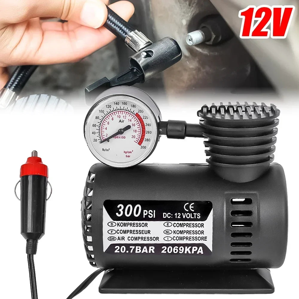 Portable 12V Car Air Compressor – 300 PSI Mini Tire Inflator with Pressure Gauge for Cars, Bikes & Balls