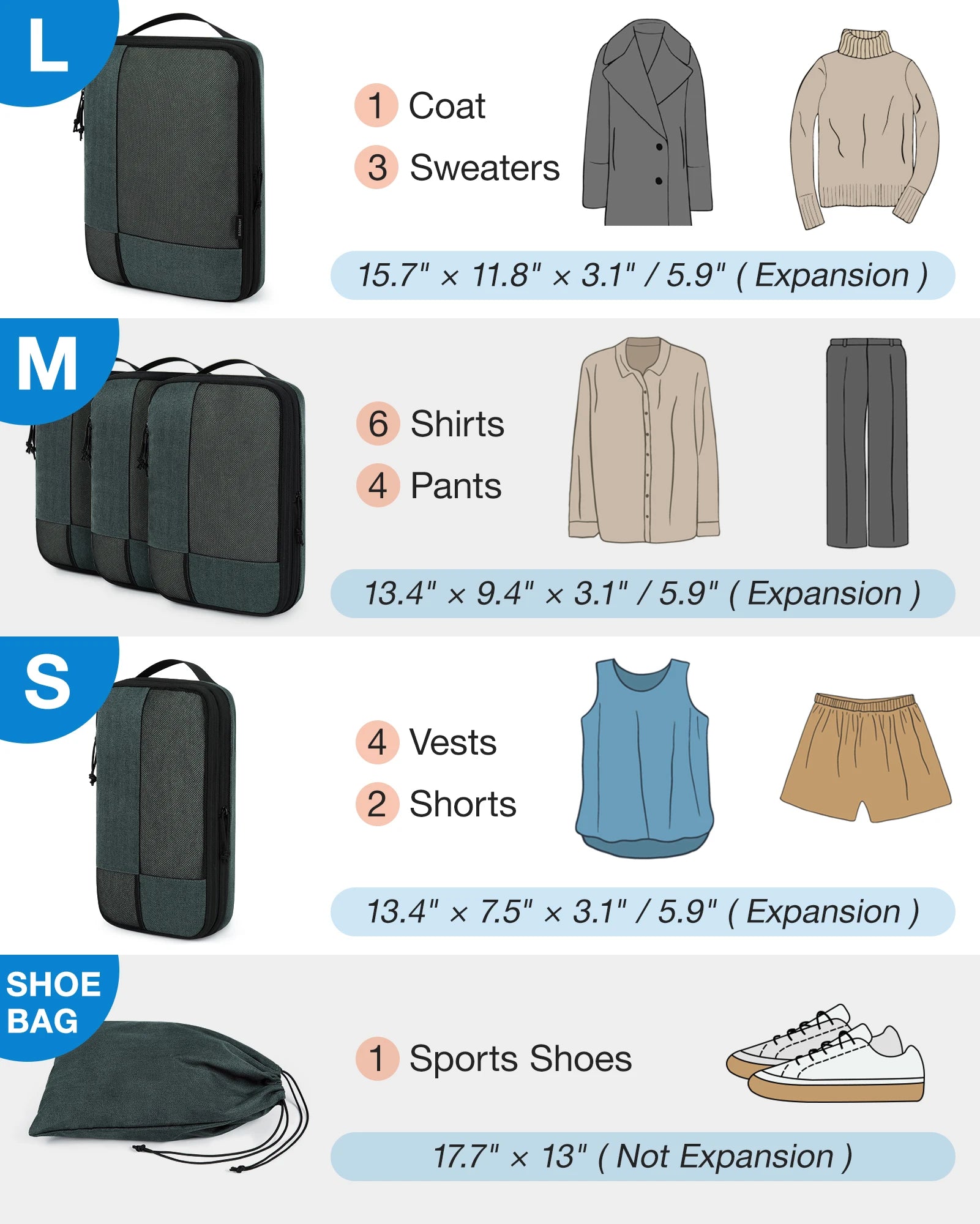 BAGSMART 6-Piece Compression Packing Cubes Set – Expandable Travel Luggage Organizer with Shoe Bag