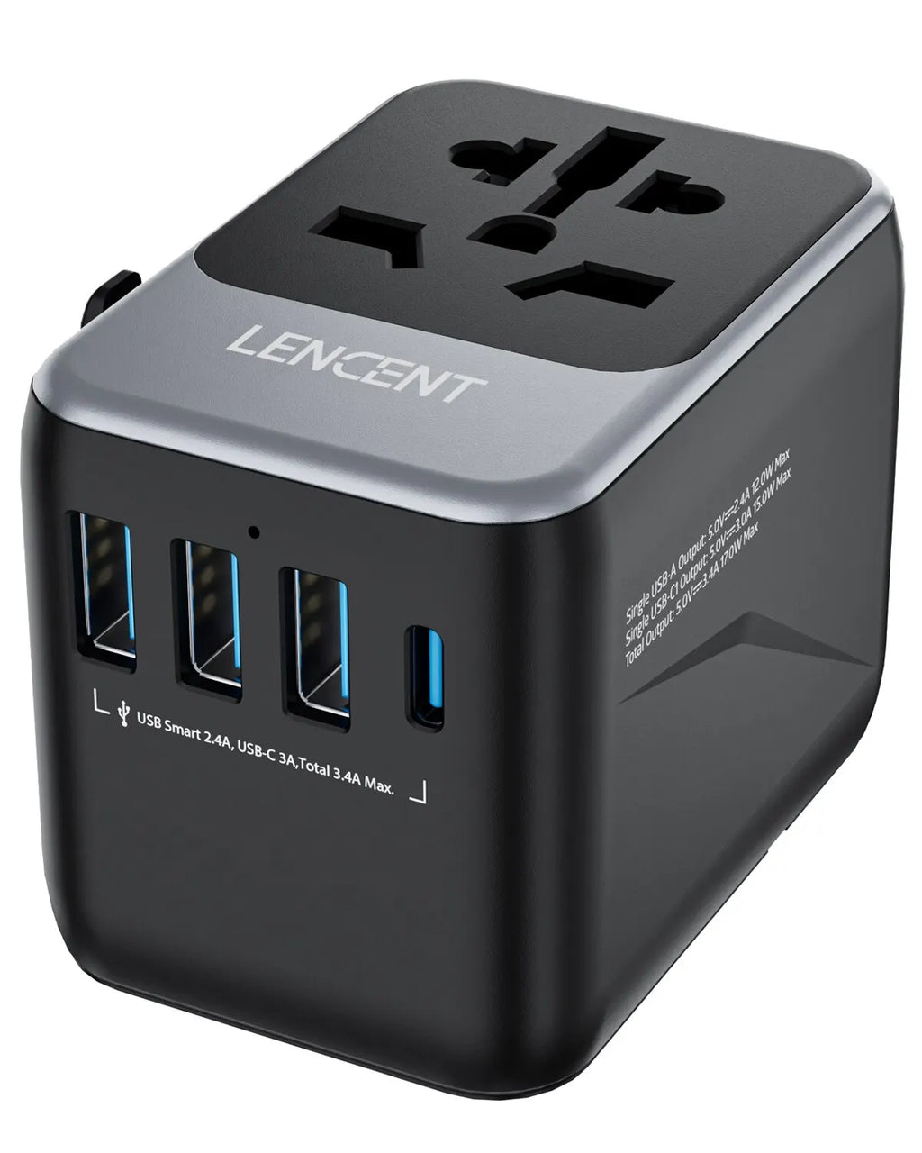 LENCENT Universal Travel Adapter – 3 USB + USB-C PD, All-in-One EU/UK/USA/AUS Plug