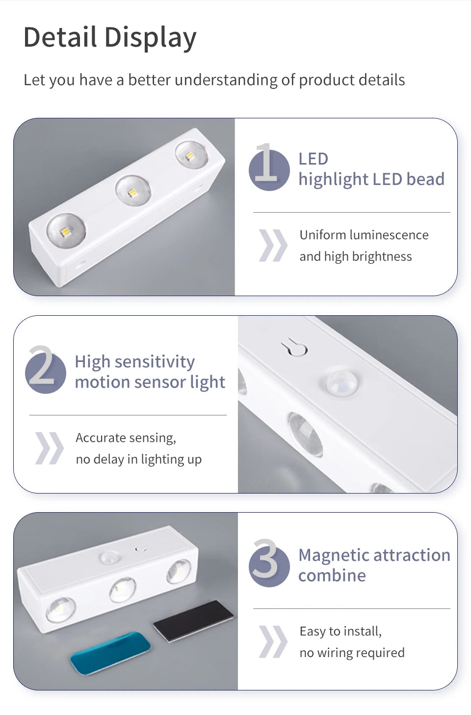 Magnetic Motion Sensor Night Light – RGB & 3-Color, Rechargeable, USB-C