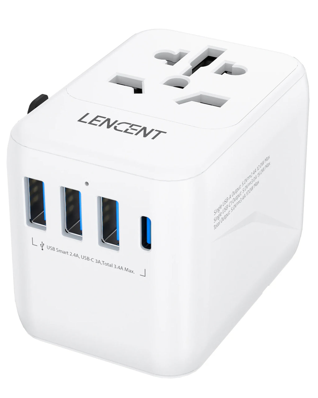LENCENT Universal Travel Adapter – 3 USB + USB-C PD, All-in-One EU/UK/USA/AUS Plug