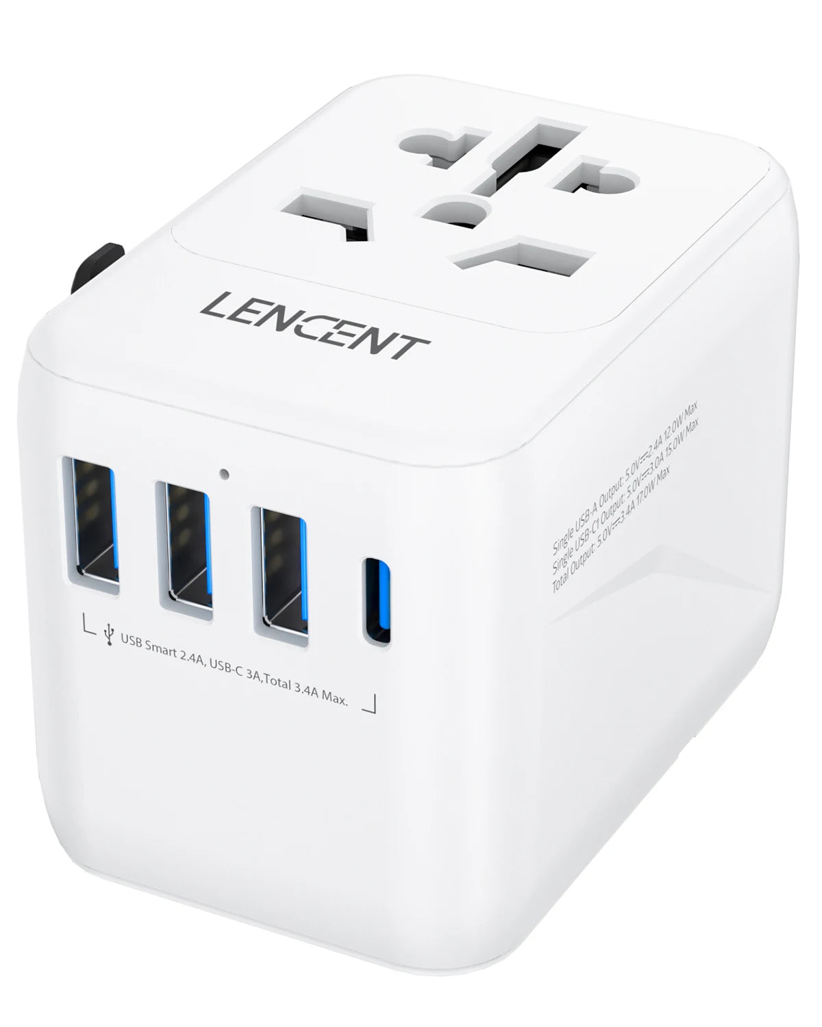 LENCENT Universal Travel Adapter – 3 USB + USB-C PD, All-in-One EU/UK/USA/AUS Plug