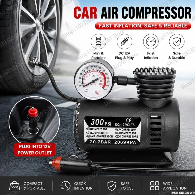 Portable 12V Car Air Compressor – 300 PSI Mini Tire Inflator with Pressure Gauge for Cars, Bikes & Balls