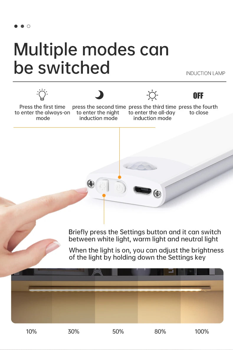 Wireless LED Cabinet Light – Motion Sensor, USB Rechargeable, 3-Color