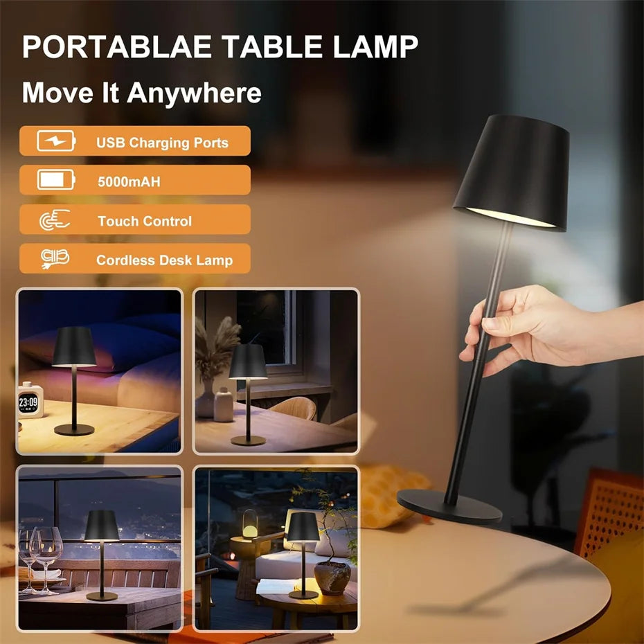Cordless LED Table Lamp – USB Rechargeable, 3-Color Dimming, Touch Control