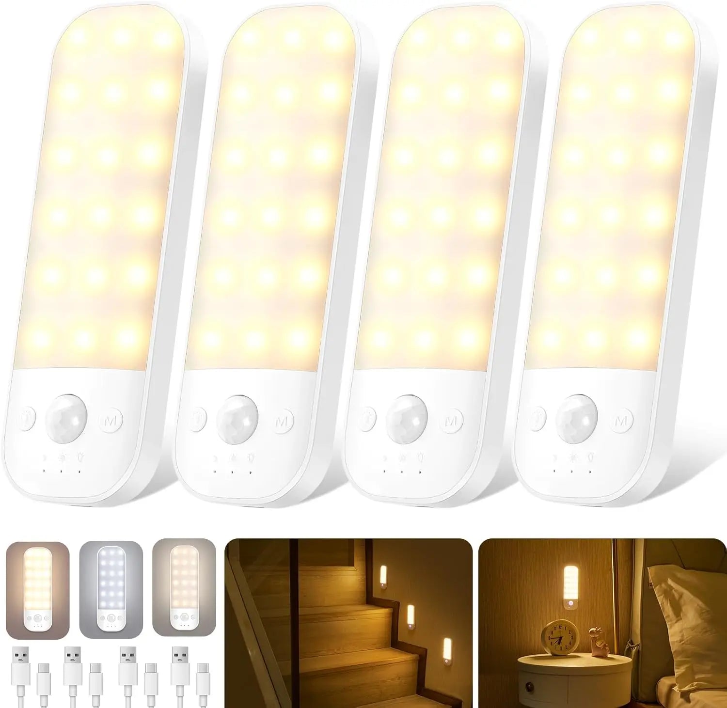 LED Motion Sensor Night Light – 3-Color, Dimmable, Magnetic, USB-C Rechargeable (4-Pack)