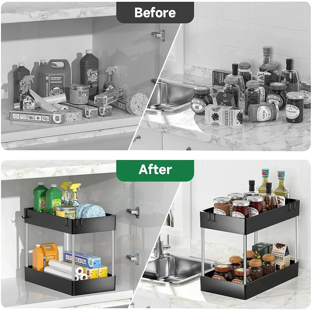 2-Tier Under-Sink Storage Rack with Hooks – Multipurpose Cabinet Organizer for Kitchen & Bathroom
