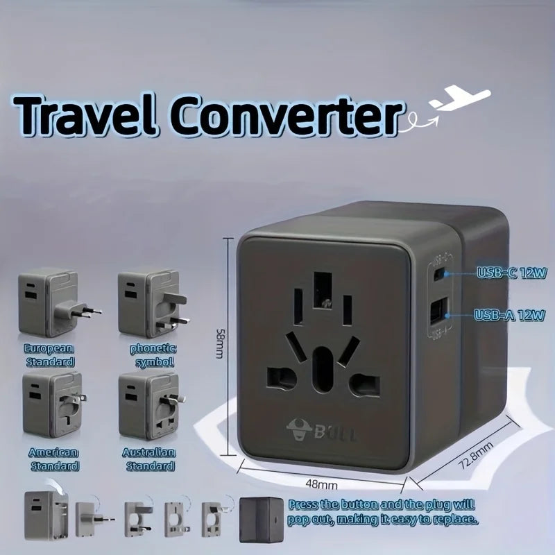 Compact Universal Travel Adapter – 1 USB-A + 1 USB-C, Portable Plug Converter