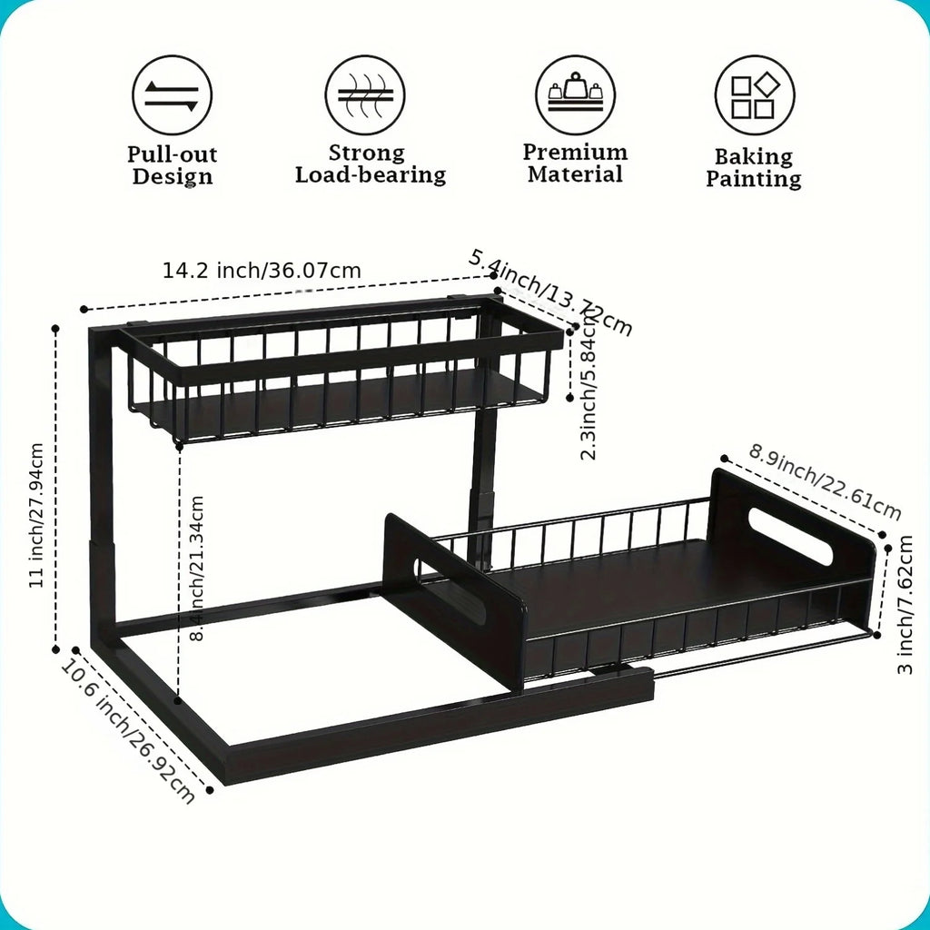 Pull-Out Under-Sink Organizer – 2-Tier Slide-Out Metal Shelf for Cabinet Storage