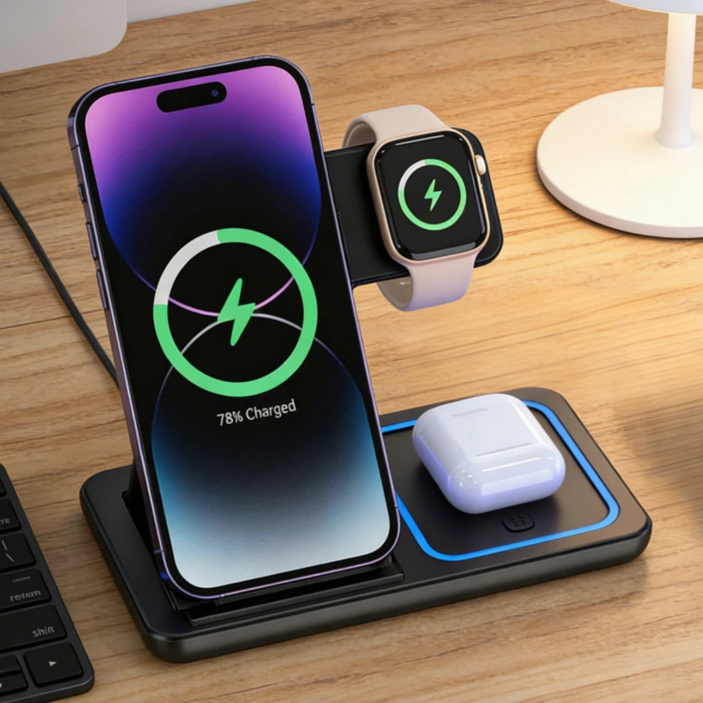Foldable 3-in-1 Wireless Charging Station – iPhone, Apple Watch & AirPods, 15W Fast Charge